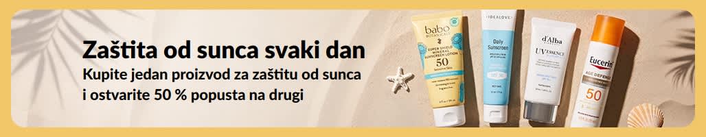 Reklamni natpis s prikazom dva proizvoda iz ponude: Kupite jedan proizvod za zaštitu od sunca i ostvarite 50 % popusta na drugi.