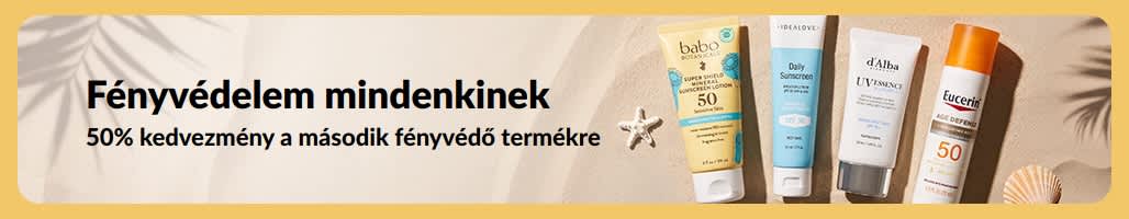 Fényvédőket hirdető akciós banner két termékkel és „50% kedvezmény a második fényvédő termékre” szöveggel