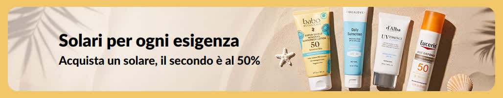 Banner con una promozione sui solari che mostra due prodotti: “Offerta 1+1: il secondo è al 50%”