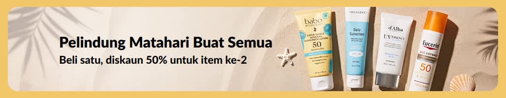 Sepanduk jualan pelindung matahari dengan dua produk, “Beli satu, diskaun 50% item ke-2”