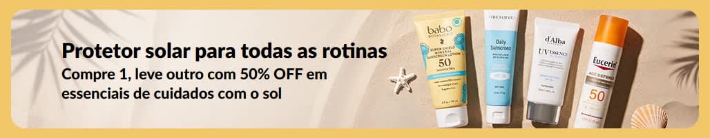 Banner de promoção de protetor solar com dois produtos e a mensagem “Compre 1, leve outro com 50% OFF em essenciais de cuidados com o sol”