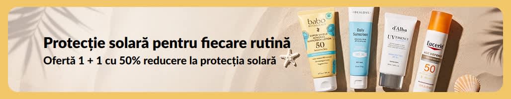 Banner cu două produse de protecție solară, cu „Ofertă 1 + 1 cu 50% reducere la protecția solară”