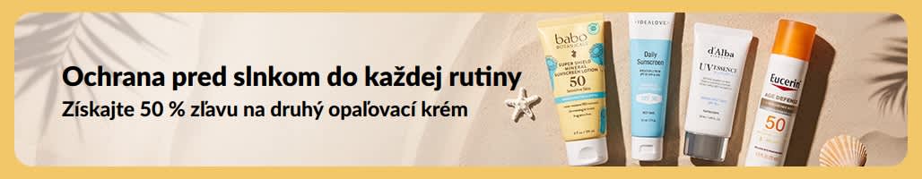 Výpredajový baner s dvoma opaľovacími krémami: „Získajte 50 % zľavu na druhý opaľovací krém“