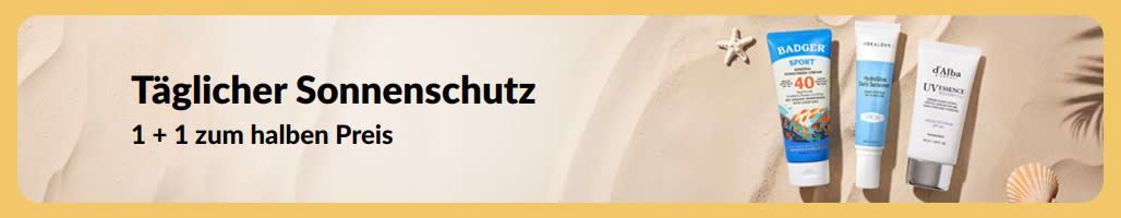 Sonnencreme Werbebanner mit zwei Produkten: Eins kaufen, eins zum halben Preis: Sonnenschutz.