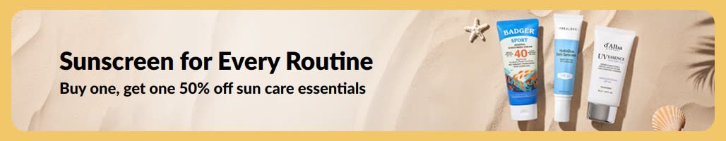 Sunscreen sale banner with two products, “Buy one, get one 50% off sun care essentials”