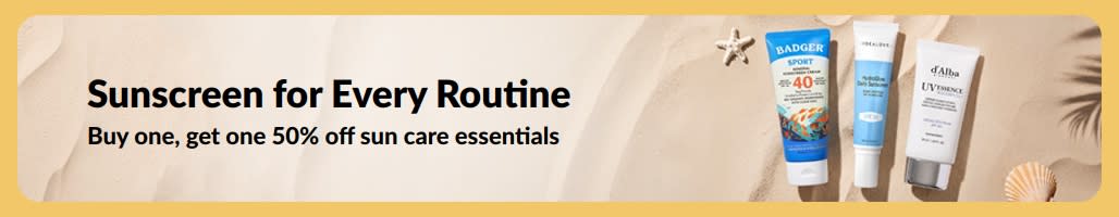 Sunscreen sale banner with two products, “Buy one, get one 50% off sun care essentials”