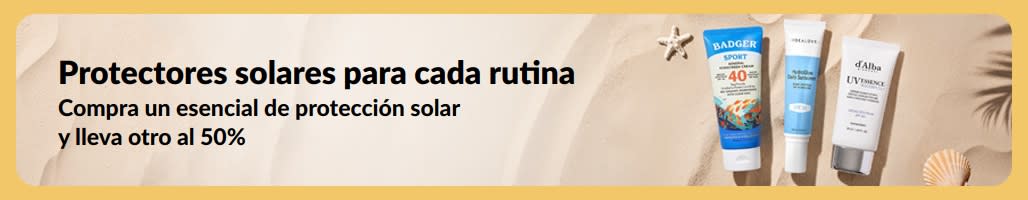 Banner con la oferta “Compra uno y lleva otro al 50%” en protectores solares.