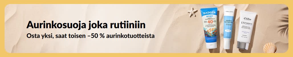 Aurinkovoiteiden alennusbanneri, jossa kaksi tuotetta ja teksti 