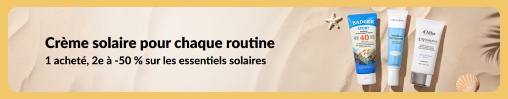 Bannière promo solaire avec deux produits : « 1 acheté, 2e à -50 % sur les essentiels solaires »