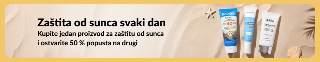 Reklamni natpis s prikazom dva proizvoda iz ponude: Kupite jedan proizvod za zaštitu od sunca i ostvarite 50 % popusta na drugi.
