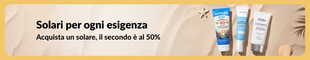 Banner con una promozione sui solari che mostra due prodotti: “Offerta 1+1: il secondo è al 50%”