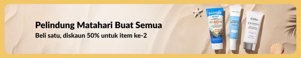 Sepanduk jualan pelindung matahari dengan dua produk, “Beli satu, diskaun 50% item ke-2”