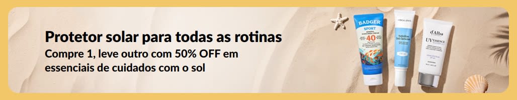 Banner de promoção de protetor solar com dois produtos e a mensagem “Compre 1, leve outro com 50% OFF em essenciais de cuidados com o sol”
