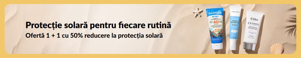 Banner cu două produse de protecție solară, cu „Ofertă 1 + 1 cu 50% reducere la protecția solară”