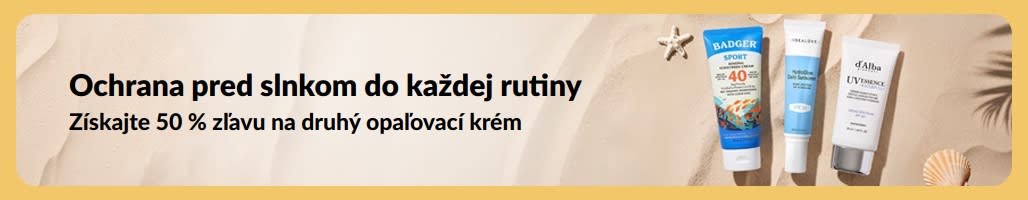 Výpredajový baner s dvoma opaľovacími krémami: „Získajte 50 % zľavu na druhý opaľovací krém“