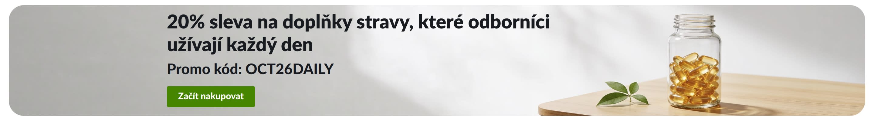 Banner nabízející 20% slevu na doplňky stravy pro denní užívání s kódem OCT26DAILY a lahvičkou s kapslemi.
