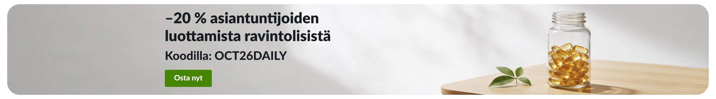 Banneri, joka tarjoaa –20 % päivittäisistä ravintolisistä koodilla OCT26DAILY sekä kapselipurkki.