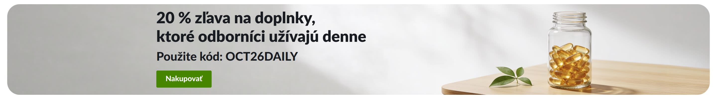 Baner propagujúci 20 % zľavu na každodenné doplnky s kódom OCT26DAILY vedľa džbánu s kapsulami.