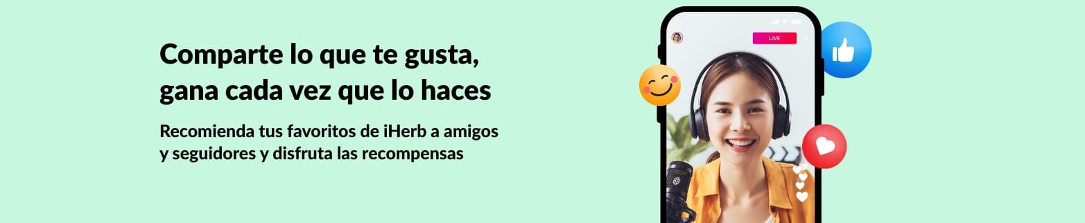 Banner del Programa de afiliados de iHerb que muestra a una mujer compartiendo sus favoritos desde su móvil para ganar Recompensas.