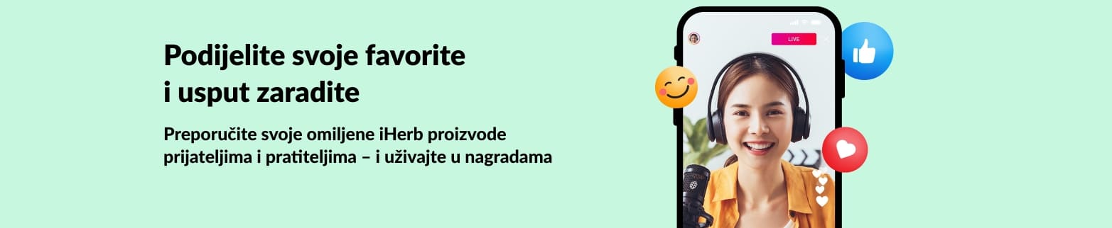 Baner iHerb partnerskog programa prikazuje ženu koja uživo prenosi sadržaj na telefonu, promovirajući dijeljenje favorita radi osvajanja nagrada.