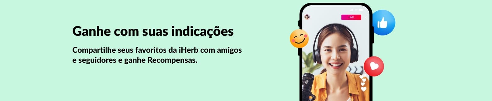 Banner do programa de afiliados da iHerb mostrando uma mulher em transmissão ao vivo pelo celular, promovendo o compartilhamento de favoritos para ganhar Recompensas.