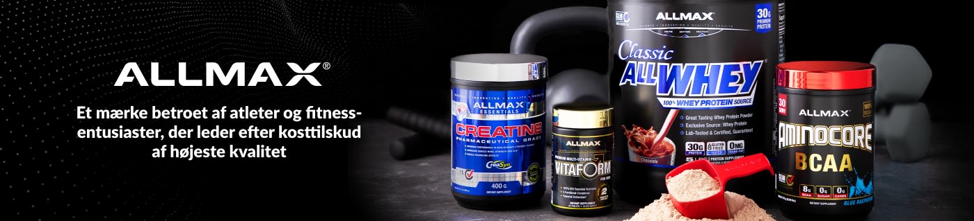 ALLMAX-banner, der præsenterer valleprotein, kreatin, multivitaminer og BCAA-tilskud til atleter og fitnessentusiaster.
