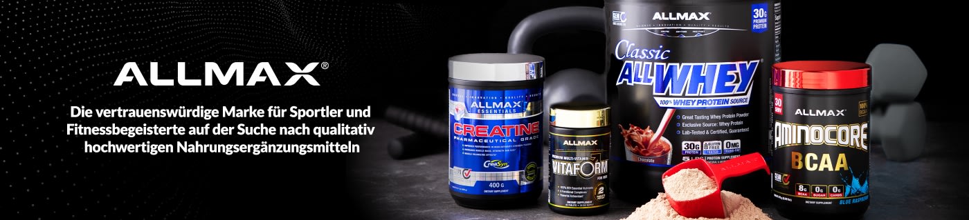 ALLMAX banner showcasing whey protein, creatine, multivitamins, and BCAA supplements for athletes and fitness enthusiasts.