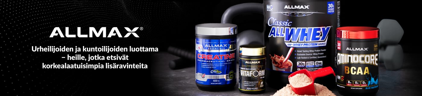 ALLMAX-banneri, jossa esitellään heraproteiinia, kreatiinia, multivitamiineja ja BCAA-lisäravinteita urheilijoille ja kuntoilijoille.