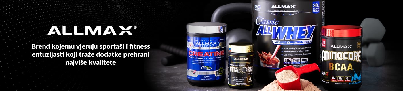 ALLMAX banner koji predstavlja proteine sirutke, kreatin, multivitamine i BCAA dodatke prehrani za sportaše i ljubitelje fitnessa.