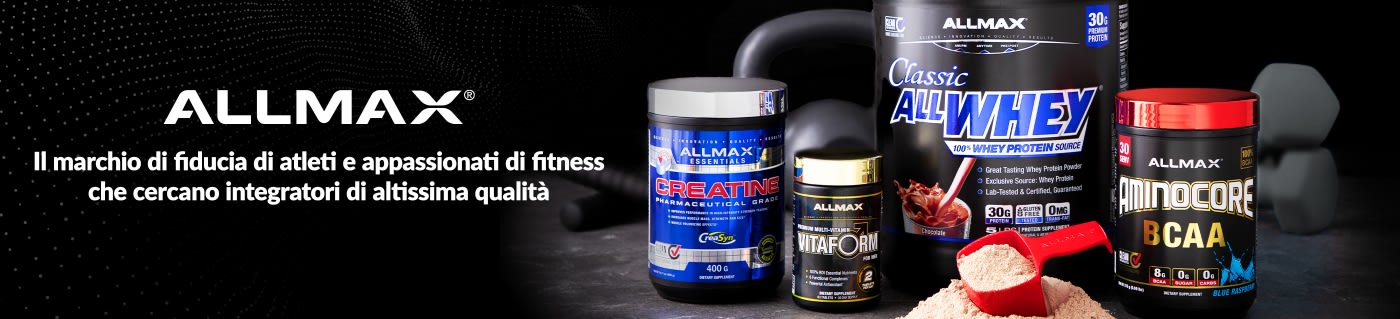 ALLMAX banner showcasing whey protein, creatine, multivitamins, and BCAA supplements for athletes and fitness enthusiasts.