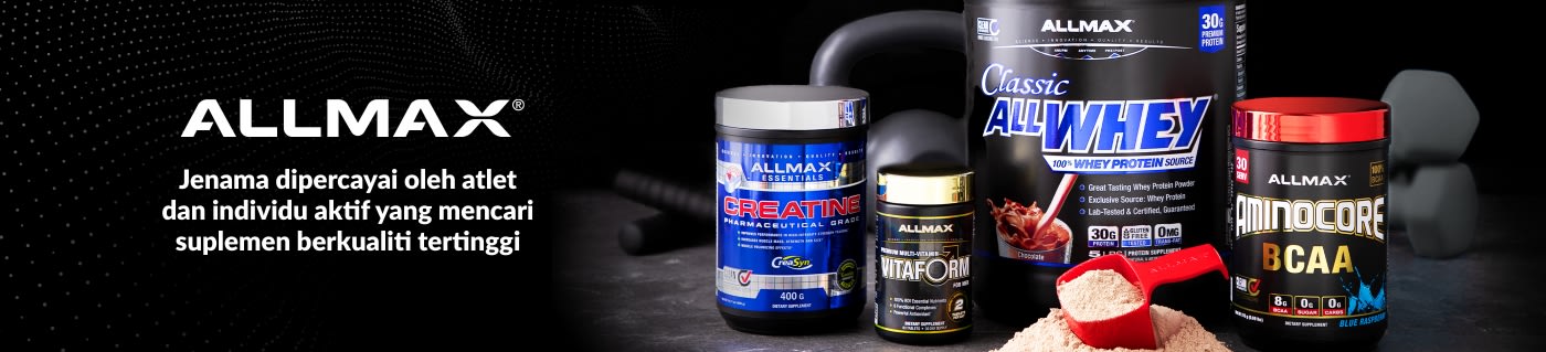 Sepanduk ALLMAX memaparkan protein whey, kreatin, multivitamin dan suplemen BCAA untuk atlet dan individu aktif.