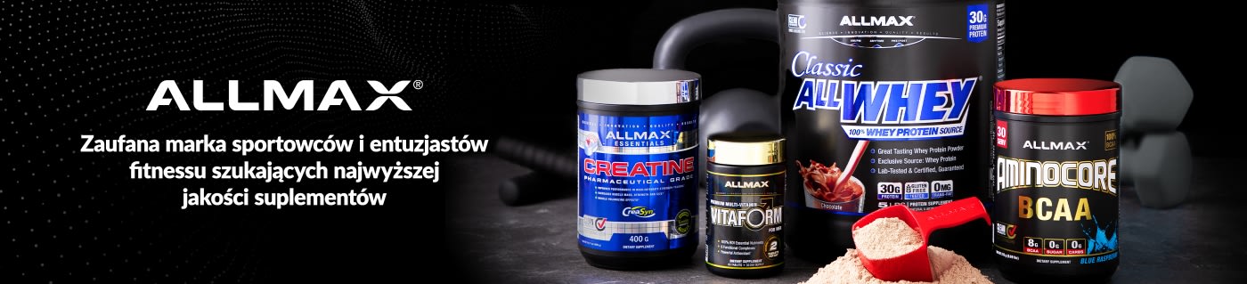 ALLMAX banner showcasing whey protein, creatine, multivitamins, and BCAA supplements for athletes and fitness enthusiasts.