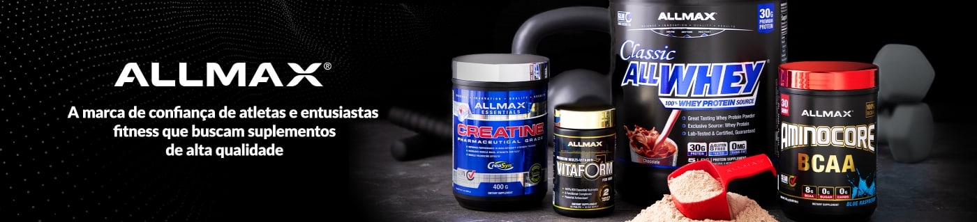 ALLMAX banner showcasing whey protein, creatine, multivitamins, and BCAA supplements for athletes and fitness enthusiasts.