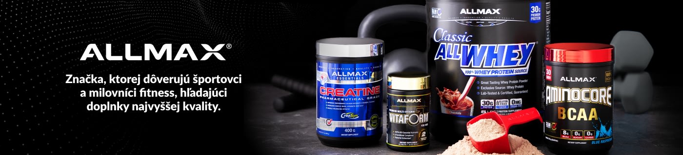 Banner ALLMAX zobrazujúci srvátkový proteín, kreatín, multivitamíny a doplnky BCAA pre športovcov a milovníkov fitness.