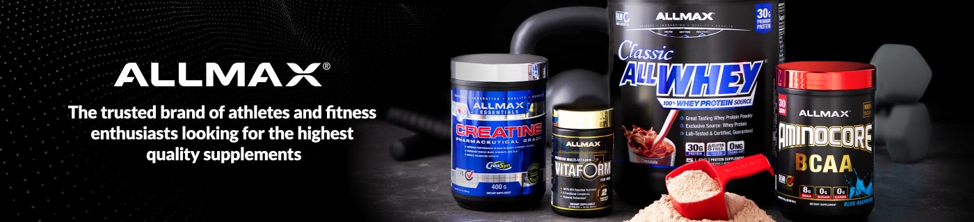 ALLMAX banner showcasing whey protein, creatine, multivitamins, and BCAA supplements for athletes and fitness enthusiasts.