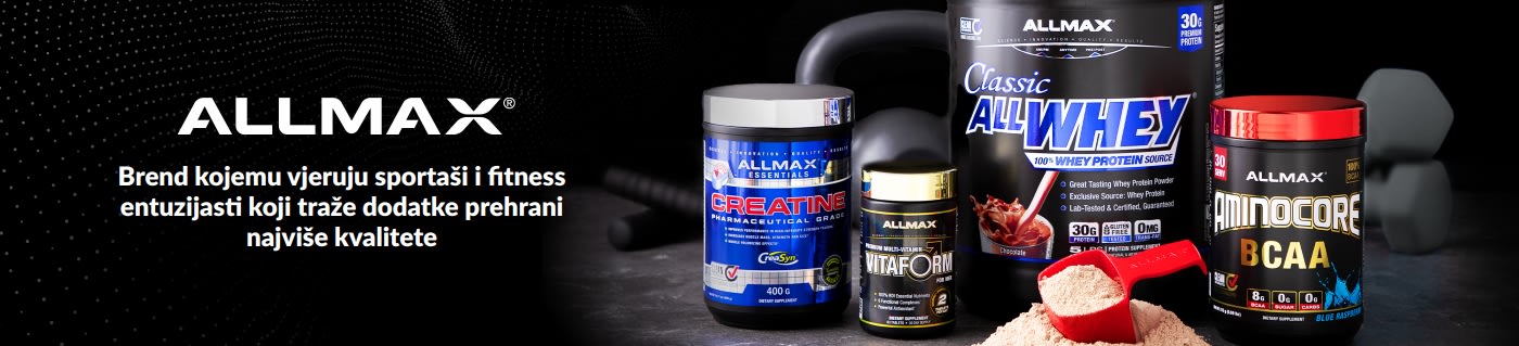 ALLMAX banner koji predstavlja proteine sirutke, kreatin, multivitamine i BCAA dodatke prehrani za sportaše i ljubitelje fitnessa.