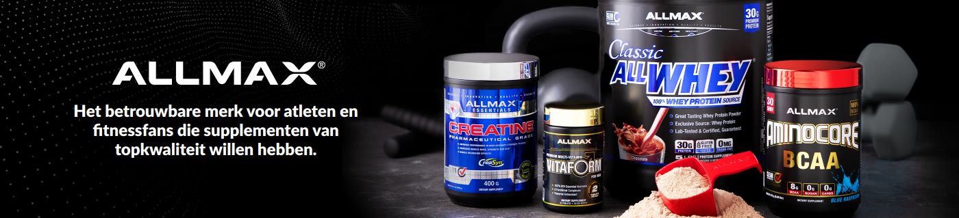 ALLMAX-banner met wei-eiwitten, creatine, multivitaminen en BCAA-supplementen voor atleten en fitnessliefhebbers.