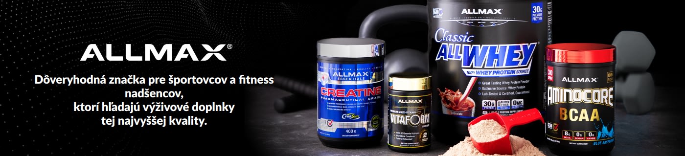Banner ALLMAX zobrazujúci srvátkový proteín, kreatín, multivitamíny a doplnky BCAA pre športovcov a milovníkov fitness.