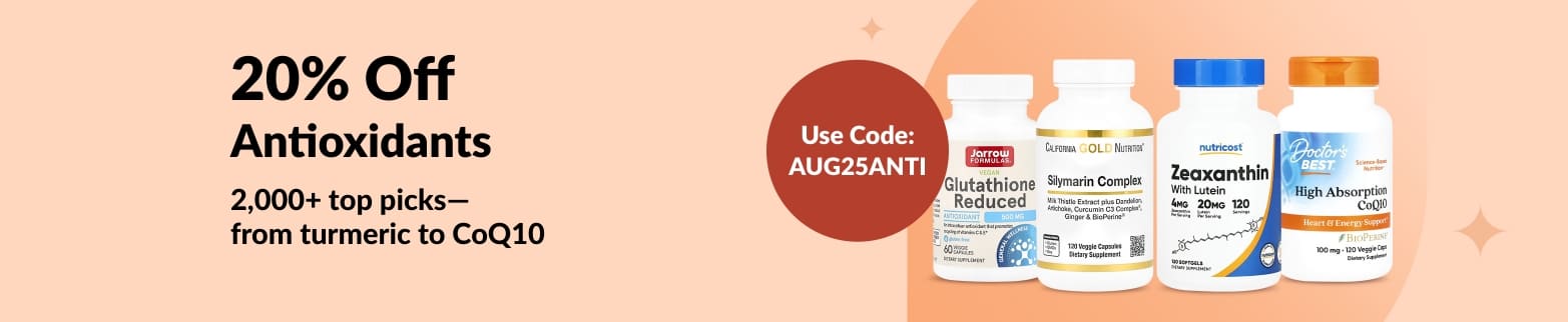 Banner promoting 20% off antioxidants, featuring supplement bottles like CoQ10, glutathione, and silymarin complex.