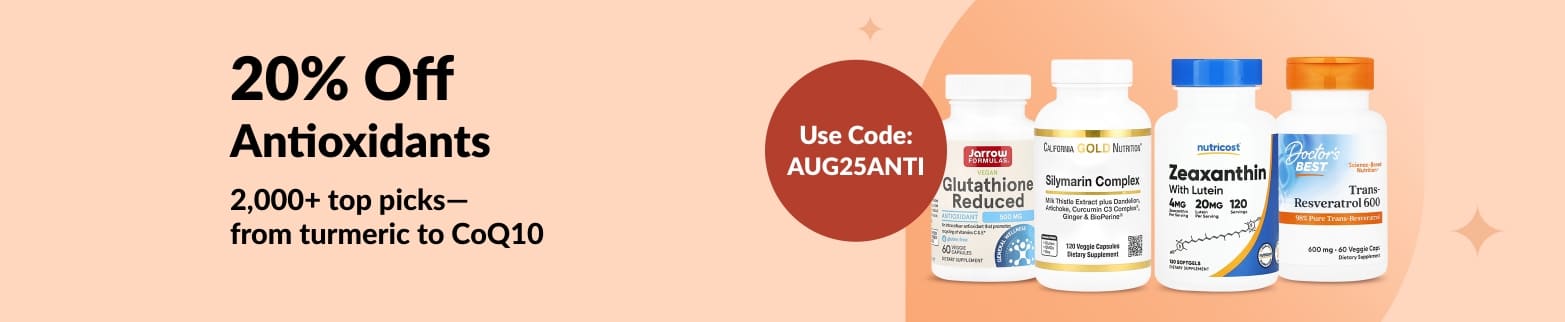 Banner promoting 20% off antioxidants, featuring supplement bottles like CoQ10, glutathione, and silymarin complex.
