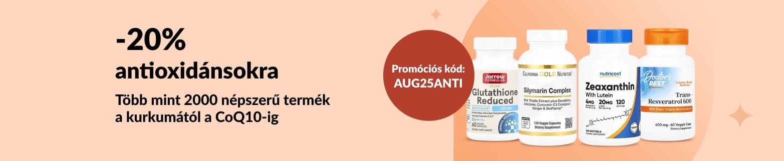 20% kedvezményt hirdető banner antioxidánsokra, olyan kiegészítőket tartalmazó üvegcsékkel, mint a CoQ10, a glutation és a szilimarin komplex.