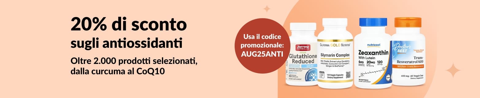 Annuncio pubblicitario che promuove uno sconto del 20% sugli antiossidanti, con integratori come CoQ10, glutatione e complesso di silimarina.