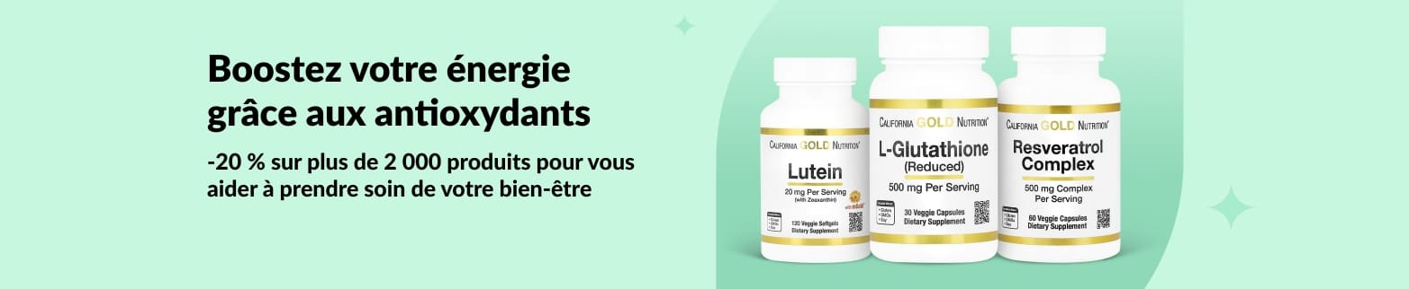 Bannière iHerb faisant la promotion de 20 % de réduction sur les antioxydants, présentant la Lutéine, le Glutathion et le Resvératrol de California Gold Nutrition.