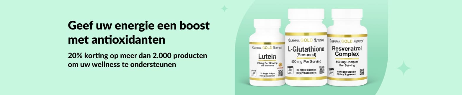 iHerb-banner met 20% korting op antioxidanten, met California Gold Nutrition Luteïne, Glutathion en Resveratrol.