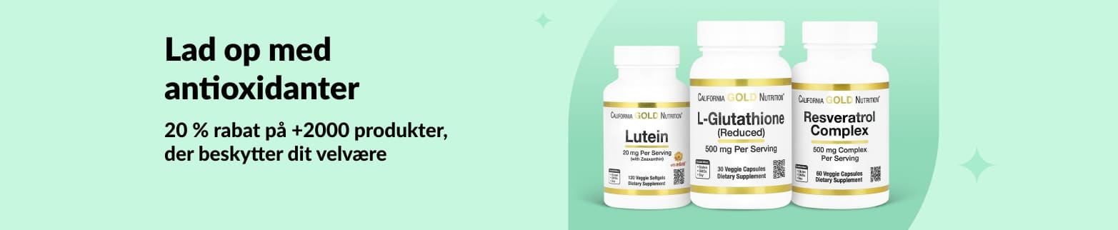 iHerb-banner med 20 % rabat på antioxidanter, herunder California Gold Nutrition lutein, glutathion og resveratrol.