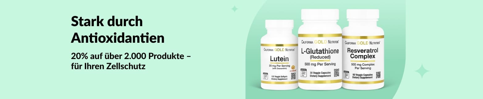 iHerb-Banner mit 20% Rabatt auf Antioxidantien, wie Lutein, Glutathion + Resveratrol von California Gold Nutrition