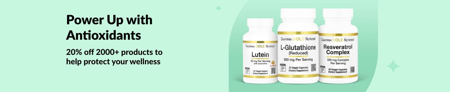 iHerb banner promoting 20% off antioxidants, featuring California Gold Nutrition Lutein, Glutathione and Resveratrol.