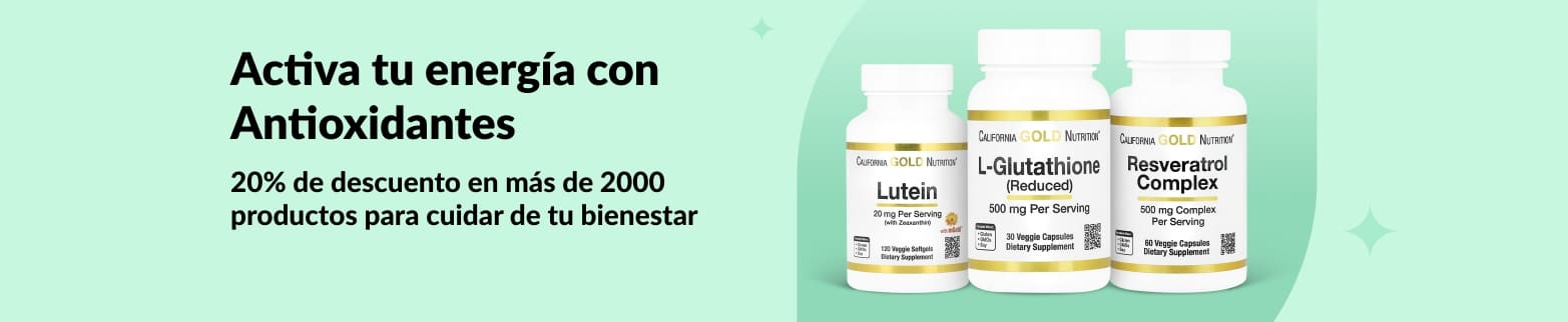 Banner de iHerb con 20% de descuento en antioxidantes, incluye luteína, glutatión y resveratrol de California Gold Nutrition.
