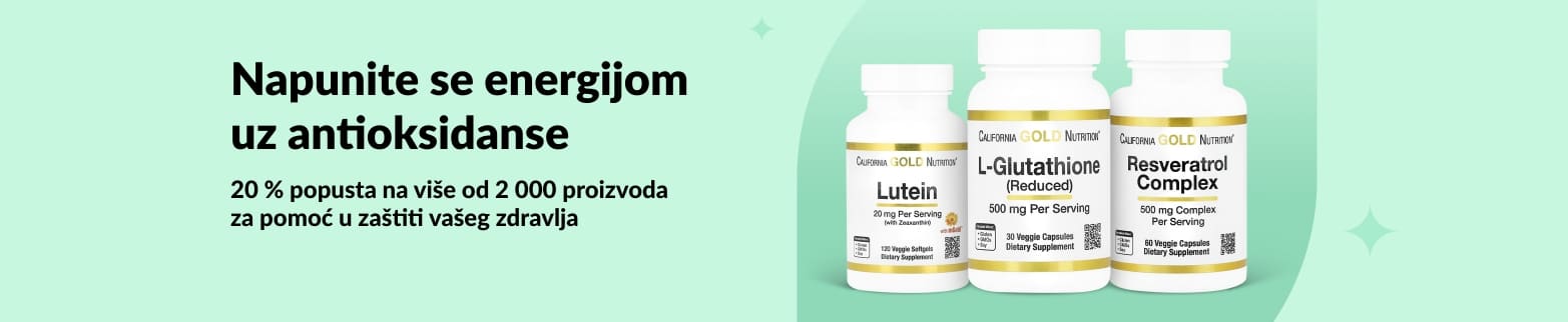 iHerb banner koji promovira 20 % popusta na antioksidanse, uključujući lutein, glutation i resveratrol tvrtke California Gold Nutrition.
