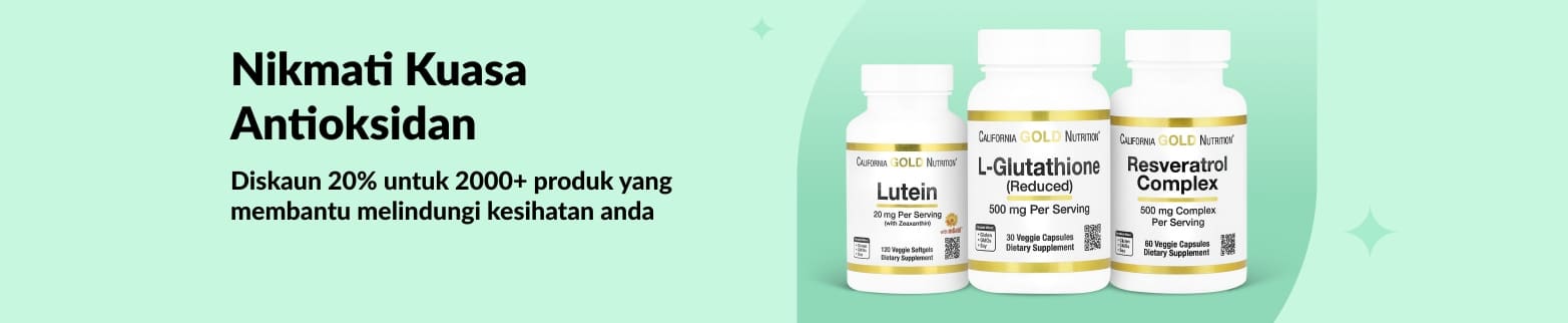 Sepanduk iHerb mempromosikan diskaun 20% untuk antioksidan, menampilkan California Gold Nutrition Lutein, Glutathione dan Resveratrol.